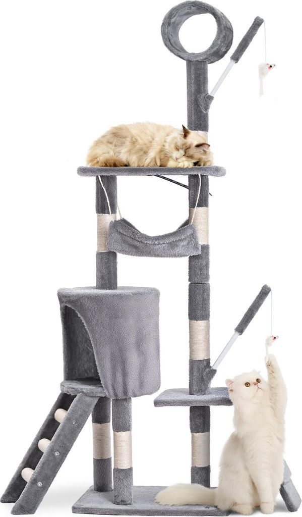 VOUNOT Kratzbaum 155cm, Mehrstöckiger Katzenbaum mit Kratzsäulen Höhle, Grau