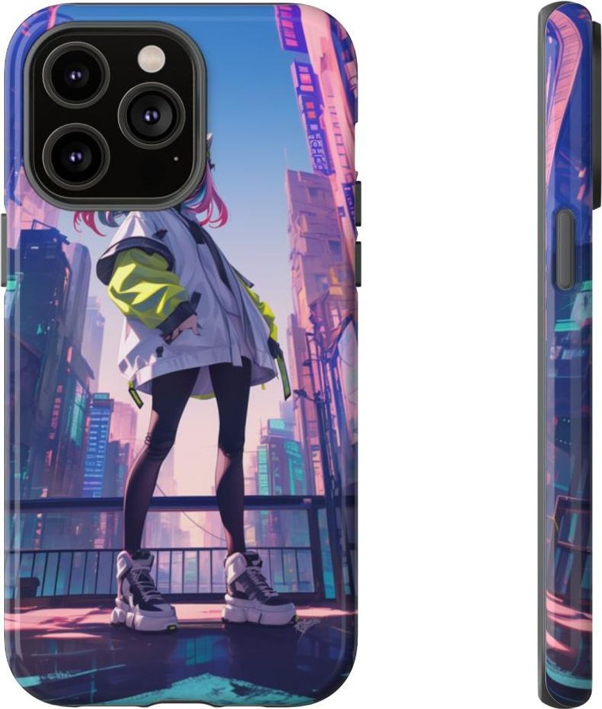 Selbstbewusstes Mädchen mit pinken Haaren in Neonstadt – Hülle Kompatibel mit iPhone 14 Pro Max