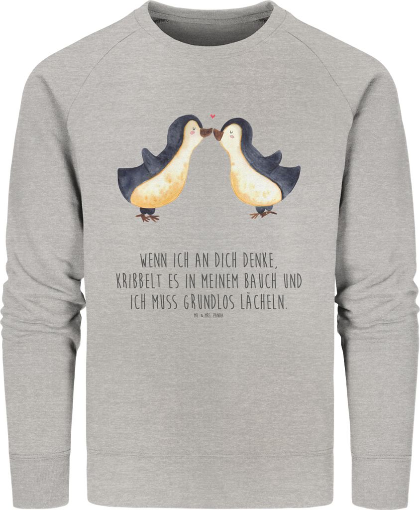 Mr. & Mrs. Panda Baumwoll Pullover Pinguine Kuss Größe L - Heather Grey - Geschenk, Valentinstag, Sweatshirt, Freundin, Bio-Pullover, Liebesbewei...