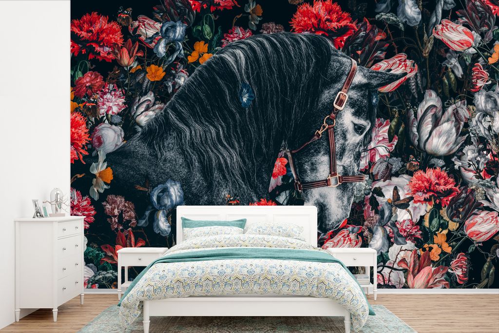 MuchoWow Fototapete für Wohnzimmer oder Schlafzimmer Wandtapete Vinyl Motivtapete Pferd - Blumen - Schwarz - 330x220 cm - Fototapeten