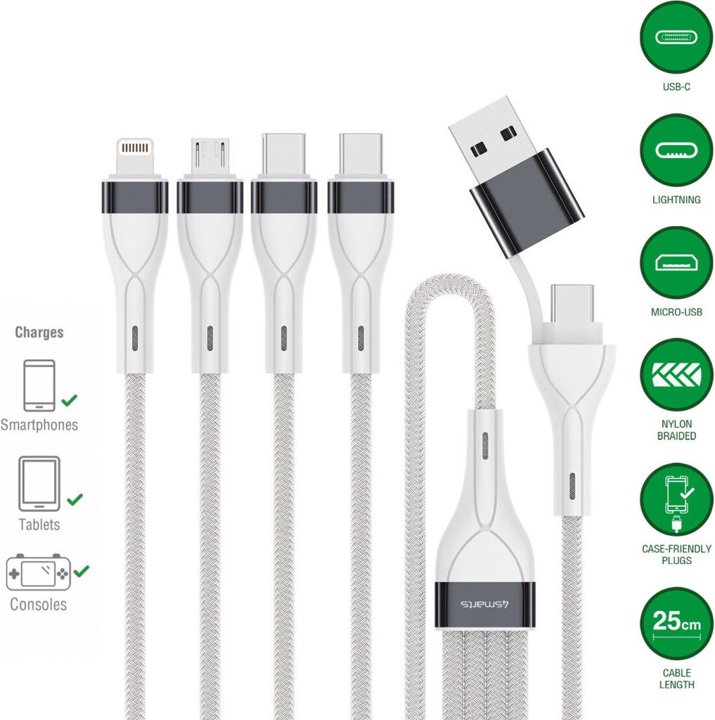 4smarts USB-C/A Multi-Ladekabel 4in2 25cm, weiß