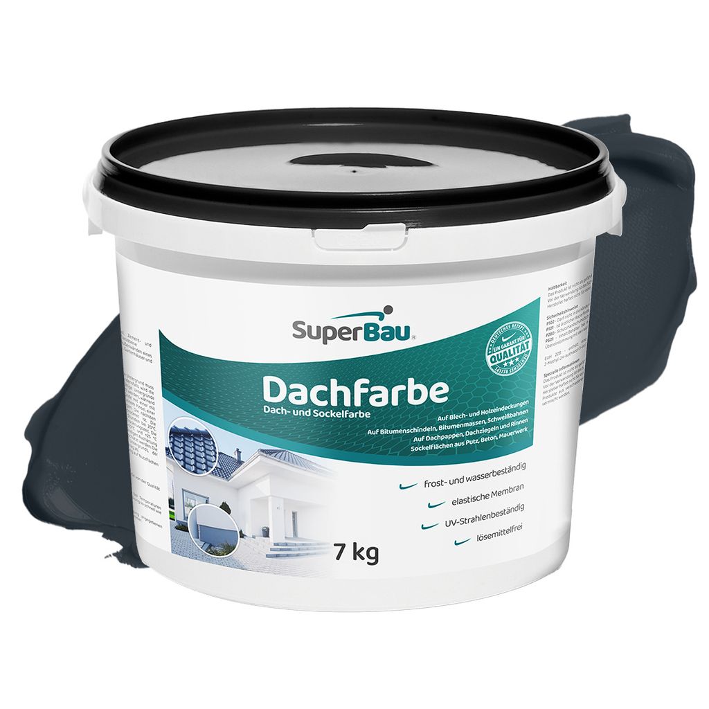 Superbau Dachfarbe Anthrazit 7kg, Sockelfarbe WASSERDICHT, Fassadenfarbe für Außen, Dachbeschichtung für Blechdach, Bitumen, Dachpappe, Schindel...