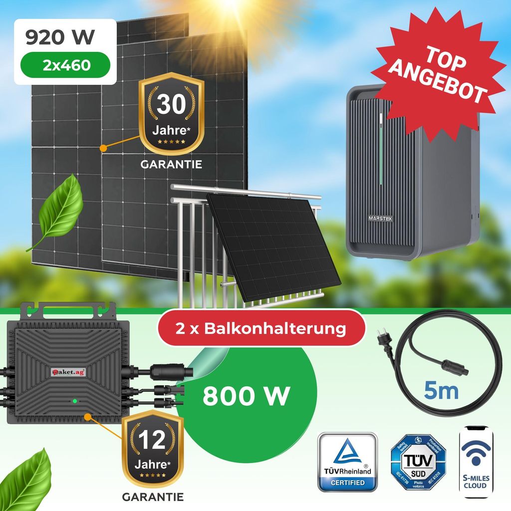 Balkonkraftwerk 920W (2×460W bifazial Glas-Glas Black Frame) + 800W WiFi Wechselrichter + 2,24 kWh Speicher Marstek B2500-D (inkl. Balkonhalterung)