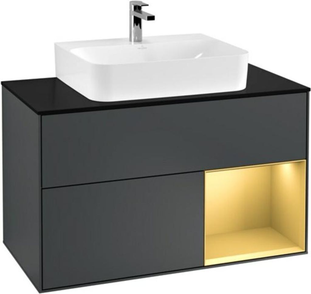V&B Waschtischunterschrank Wandbeleuchtung Finion 100, Pl b m, Reg re gol m, md bl. m Lac