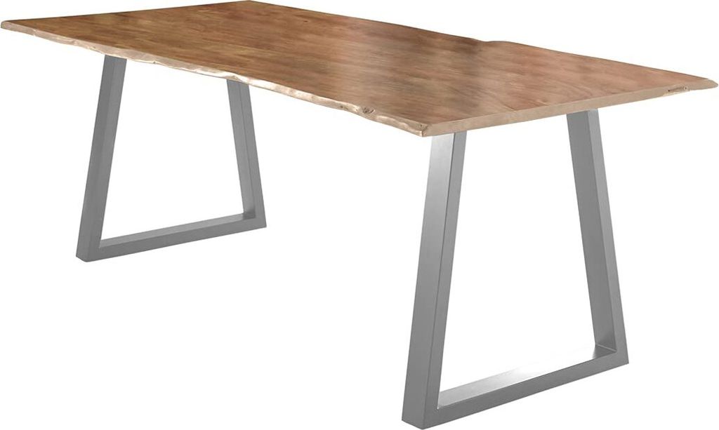 Esstisch 220x100 cm Lubin, Akazienholz naturfarben, Massiver Esszimmertisch mit echter Baumkante, Baumkantentisch mit V-Gestell Silber, Holztisch m...