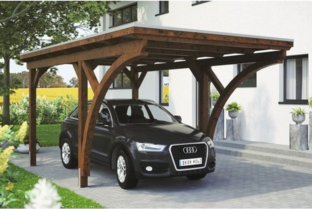 Einzelcarport Konsta Aluminium-Dachplatten inkl. 2 Einfahrtsbögen und H-Anker 304x500 cm nussbaum