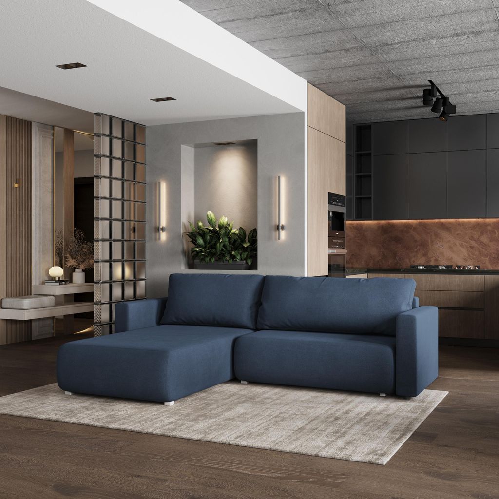 Masseno Ecksofa TURIN mit Schlaffunktion L-Form, Sofa mit Bettkasten, Wohnzimmersofa, Couch, Soffa, Bettsofa, Couchgarnitur- Blau, SORO 76