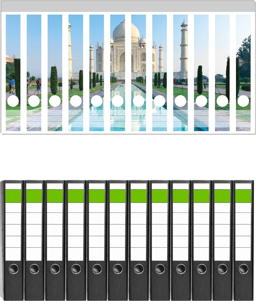 Wallario 12 Stück schmale Ordner inkl. Klebeetiketten mit Motive Taj Mahal - Mausoleum in Indien - Set mit Rückenschildern / Ordnerrücken Stickern