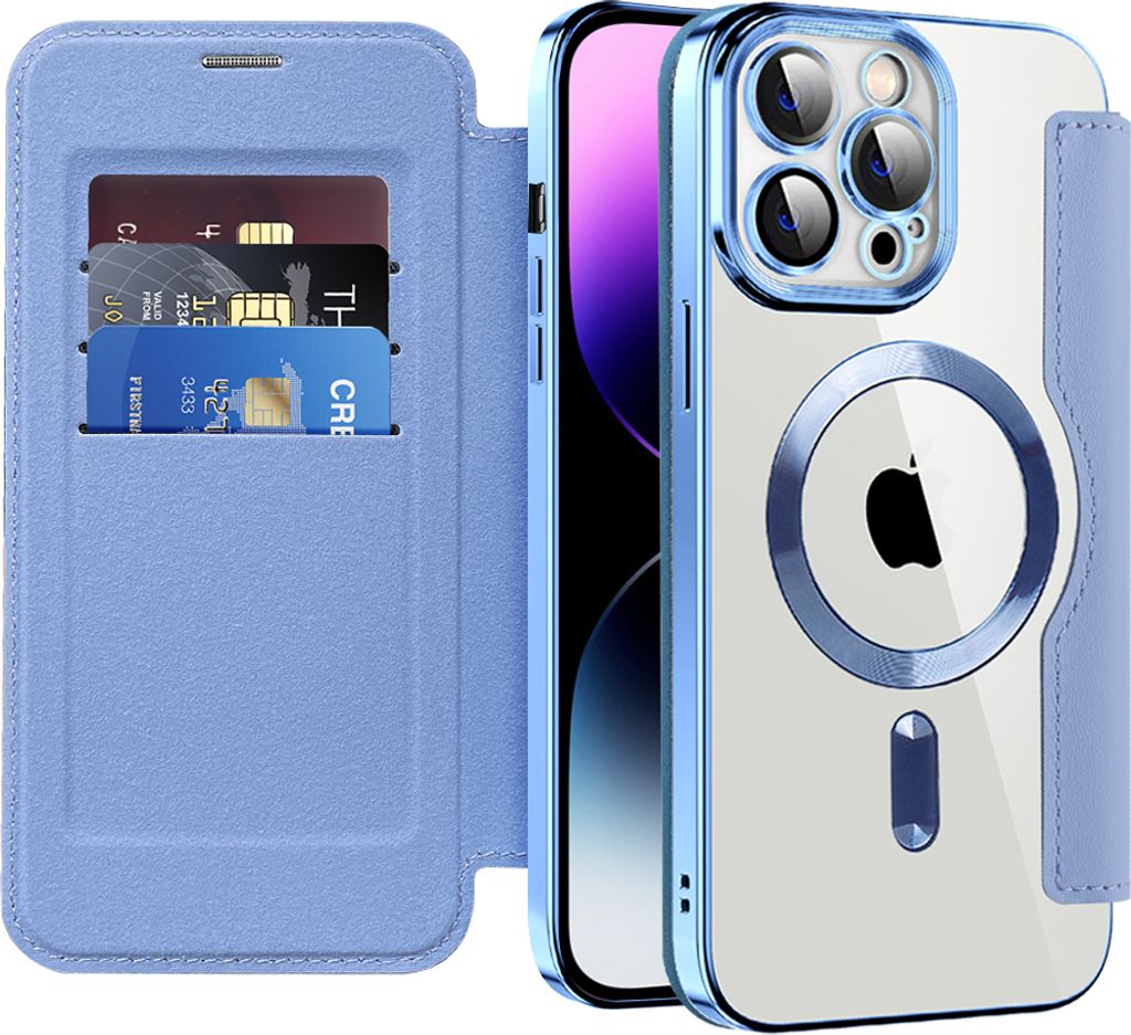 Klapphülle für iPhone 14 Pro Max Kompatibel mit Magsafe, Klar Überzug Kartenhalter Ledertasche mit Kameraschutz Hellblau