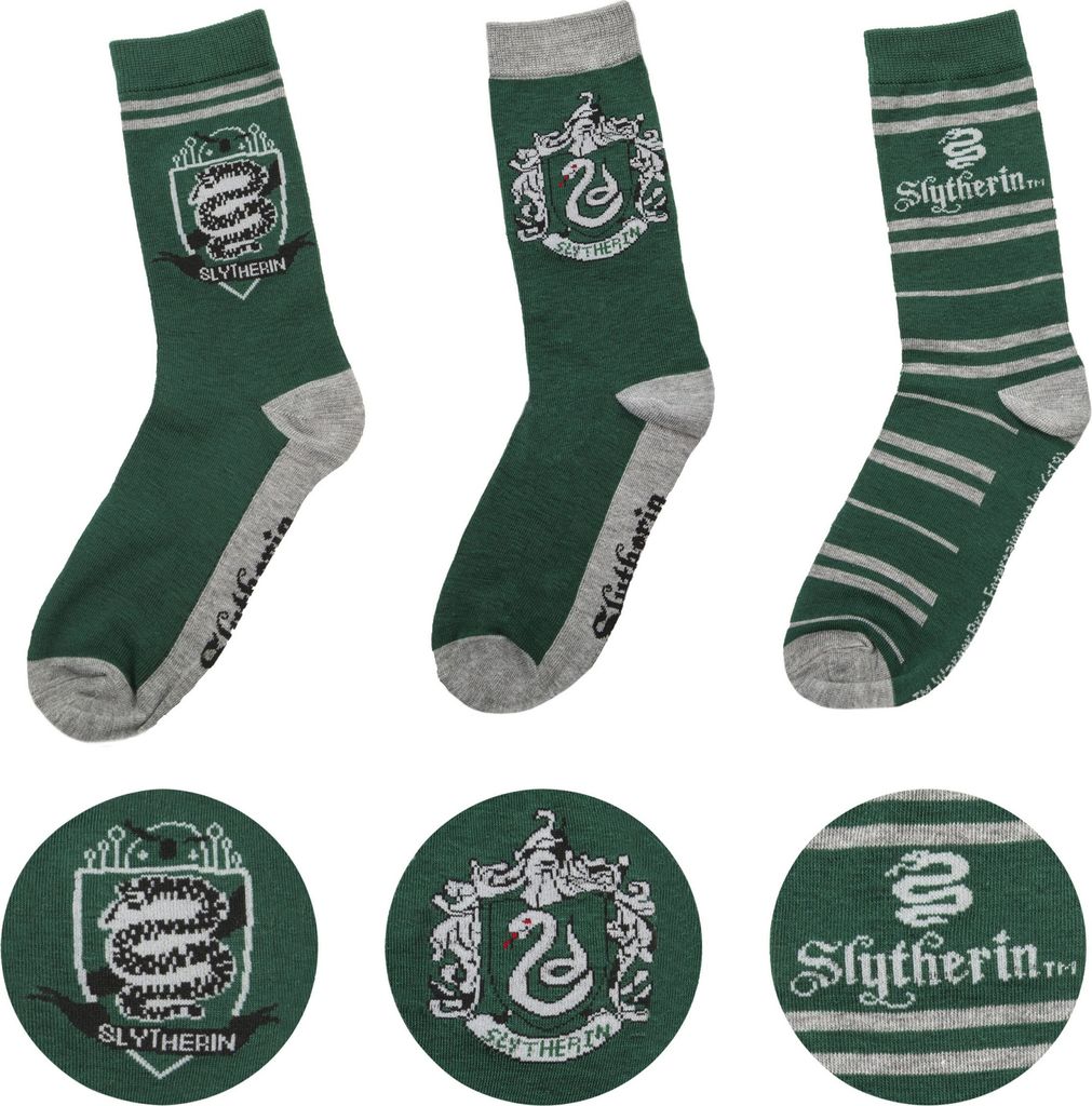 Three pairs of green and gray Slytherin socks are displayed, along with three circular close-ups of the Slytherin emblem.