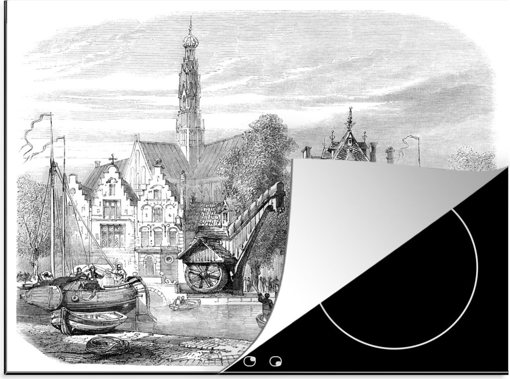 KitchenYeah Herdabdeckplatte Schwarz-Weiß-Illustration des Getreidemarktes in Haarlem , 58x51cm, Küche Deko, Glaskeramikfeld Herdabdeckung, Abd...