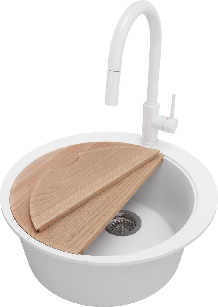 PRIMAGRAN Granitspüle Weiß 53x53cm, Spülbecken Rund 1 Becken + Küchenarmatur 40x20cm + Ablauf-Set + Schneidebrett, Küchenspüle ab 50er Unters...