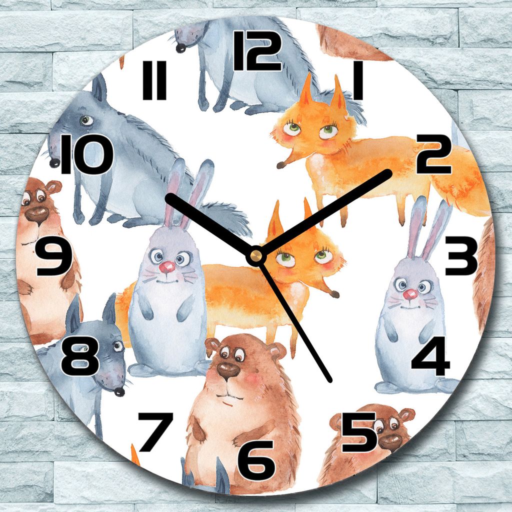 Wanduhr aus Glas Rund fi 30 Niedliche Waldtiere Quarz Deko Produktbild 