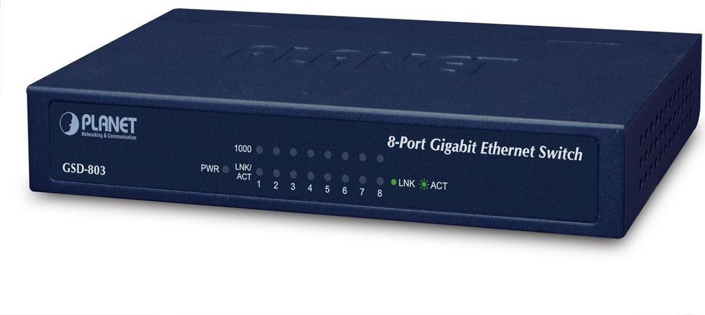 A dark blue 8-port Gigabit Ethernet switch with indicator lights and labels on the front panel, presented on a white background.