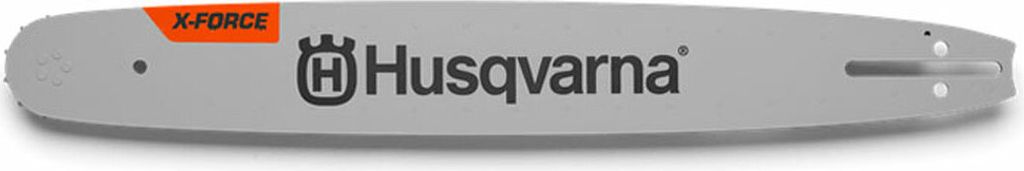 A close-up, studio shot of a chainsaw bar.