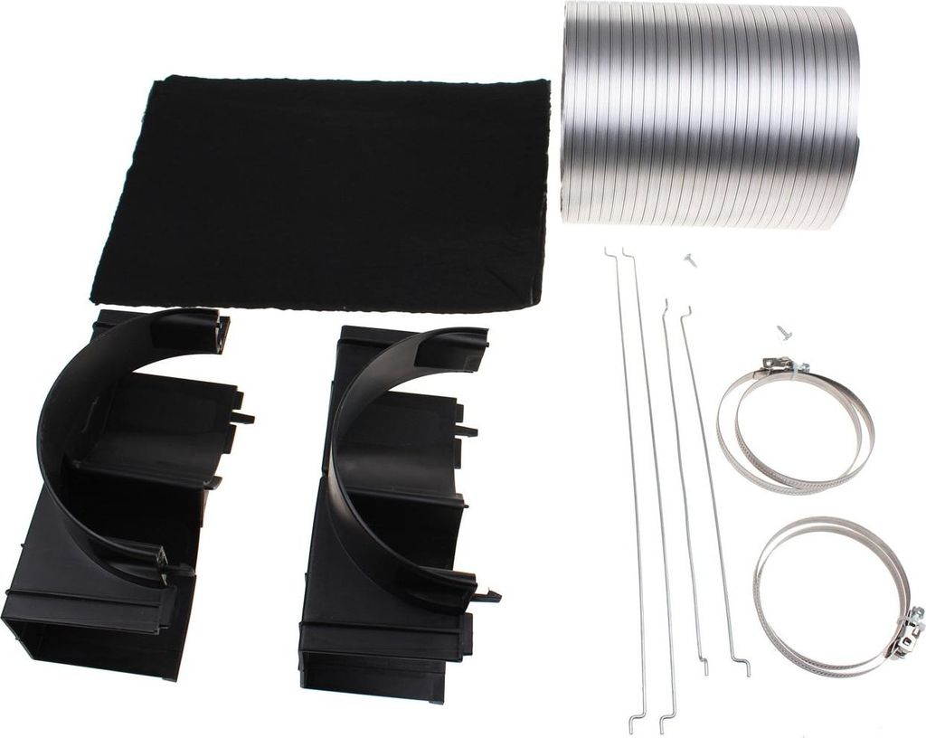 A collection of parts for a ventilation system laid out on a white background.