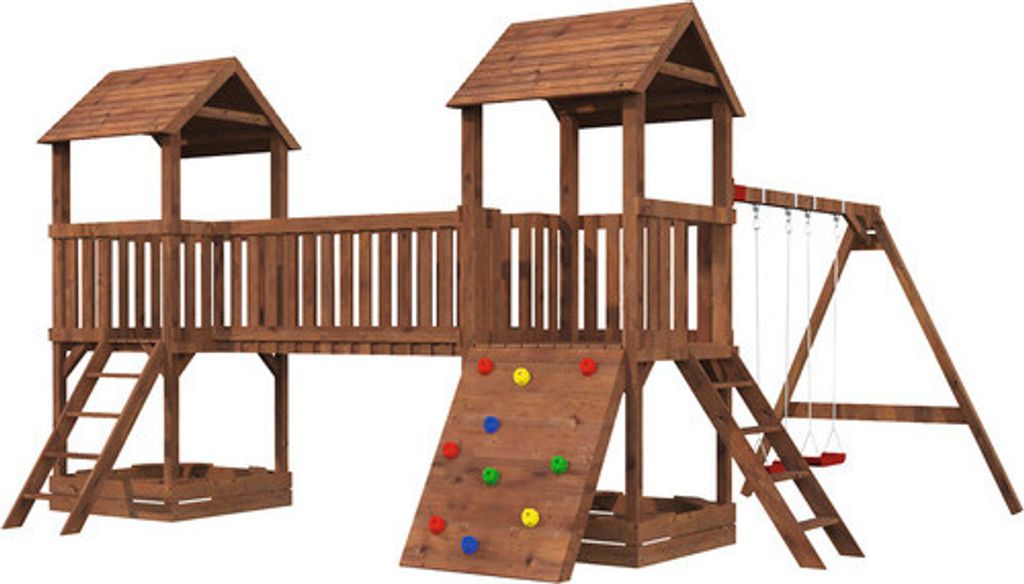 Spielturm Palmako Jesper 600 x 464 cm Holz braun bestehend aus Brücke, 2 Brettschaukeln, Leiter, Sandkasten, Kletterwand