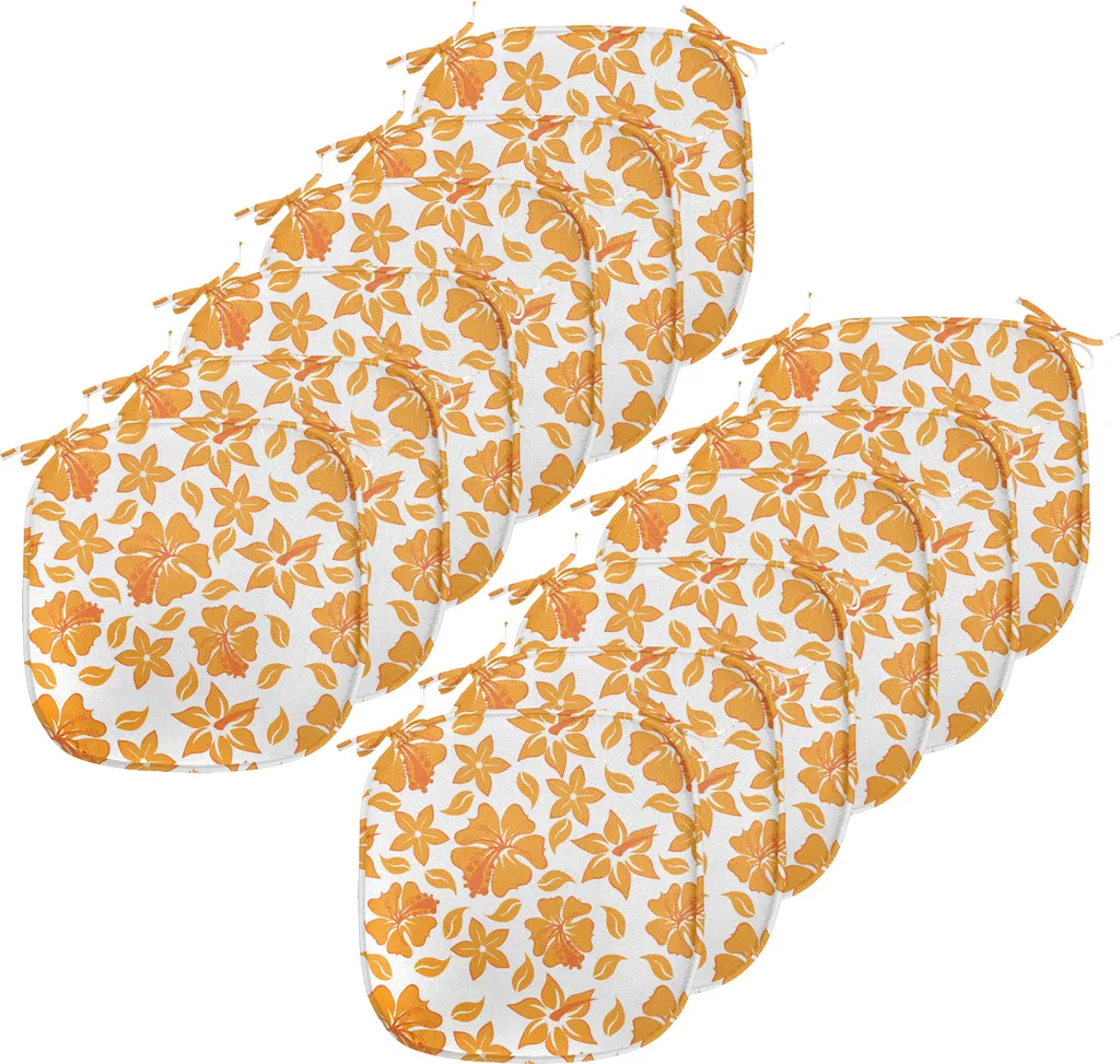 ABAKUHAUS Cuscini da giardino per sedie da sala da pranzo, Hibiscus in fiore, cuscini decorativi impermeabili con cinturini per sedie da cucina, 40 cm x 40 cm - confezione da 12, arancione e bianco