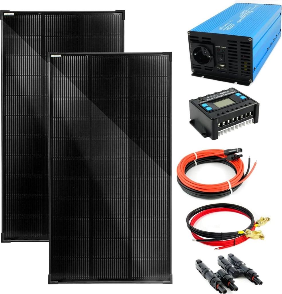 Komplettset 2x120 Watt Solarmodul 1070x580 1000 Watt TS1000 Spannungswandler 20A Laderegler