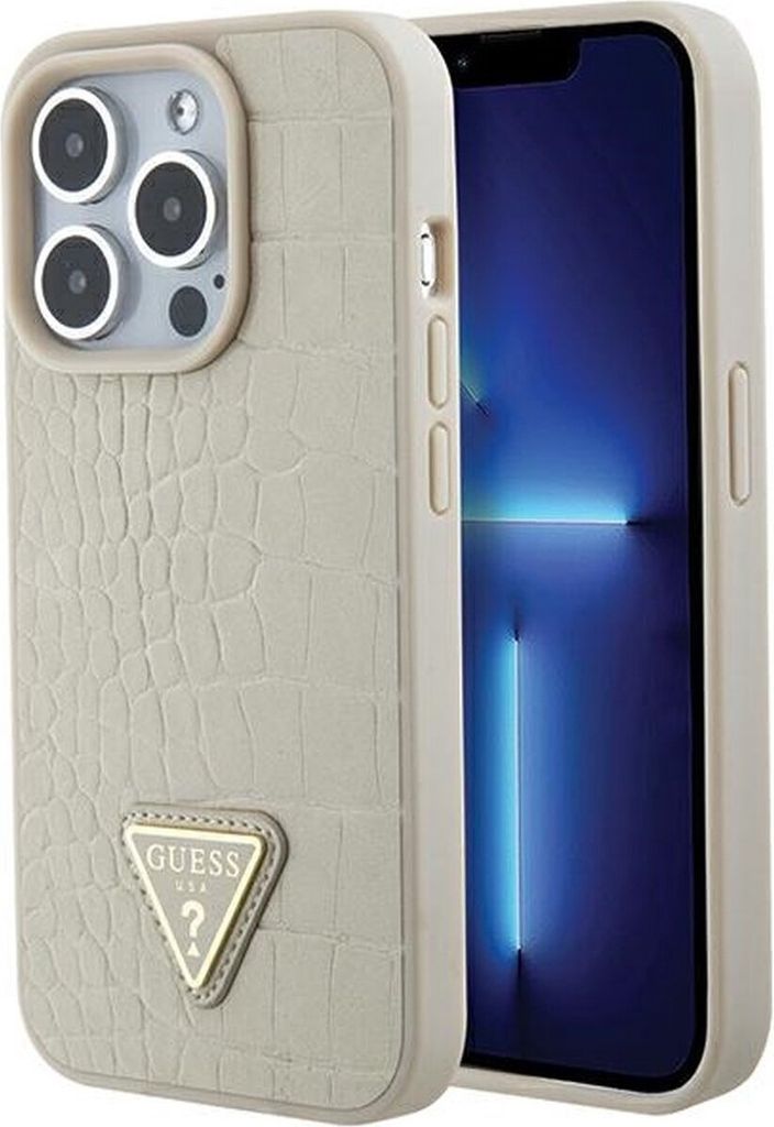 Guess iPhone 15 Plus Fall Abdeckung Croco Dreieck Beige