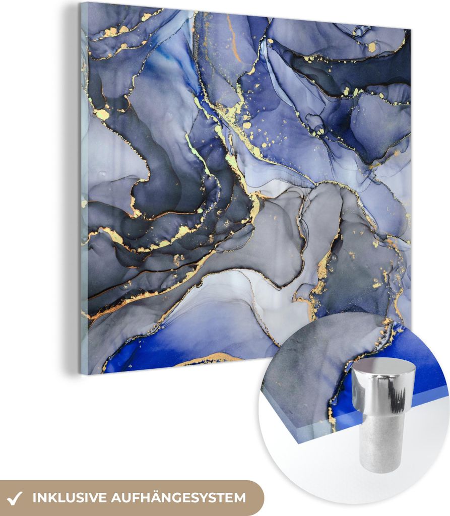 MuchoWow Glasbilder - Bilder auf Wandbild - Foto auf Glas Marmor - Gold - Abstrakt - Blau 50x50 cm Wanddekoration aus Glas - Acrylglasbild - Acrylb...