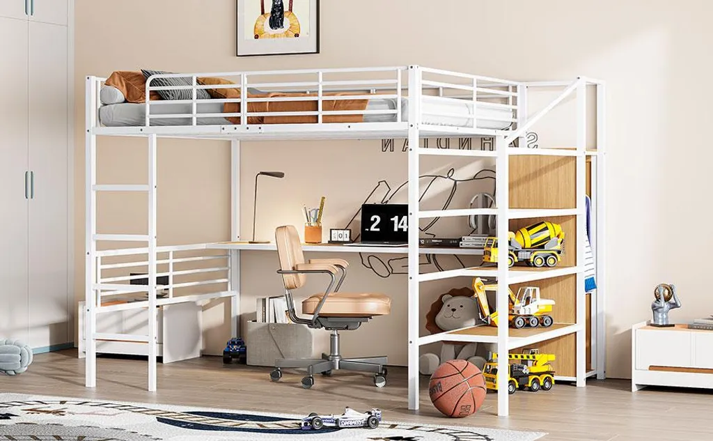Lit Mezzanine Métal Blanc 140x200 cm avec Large Bureau Compact