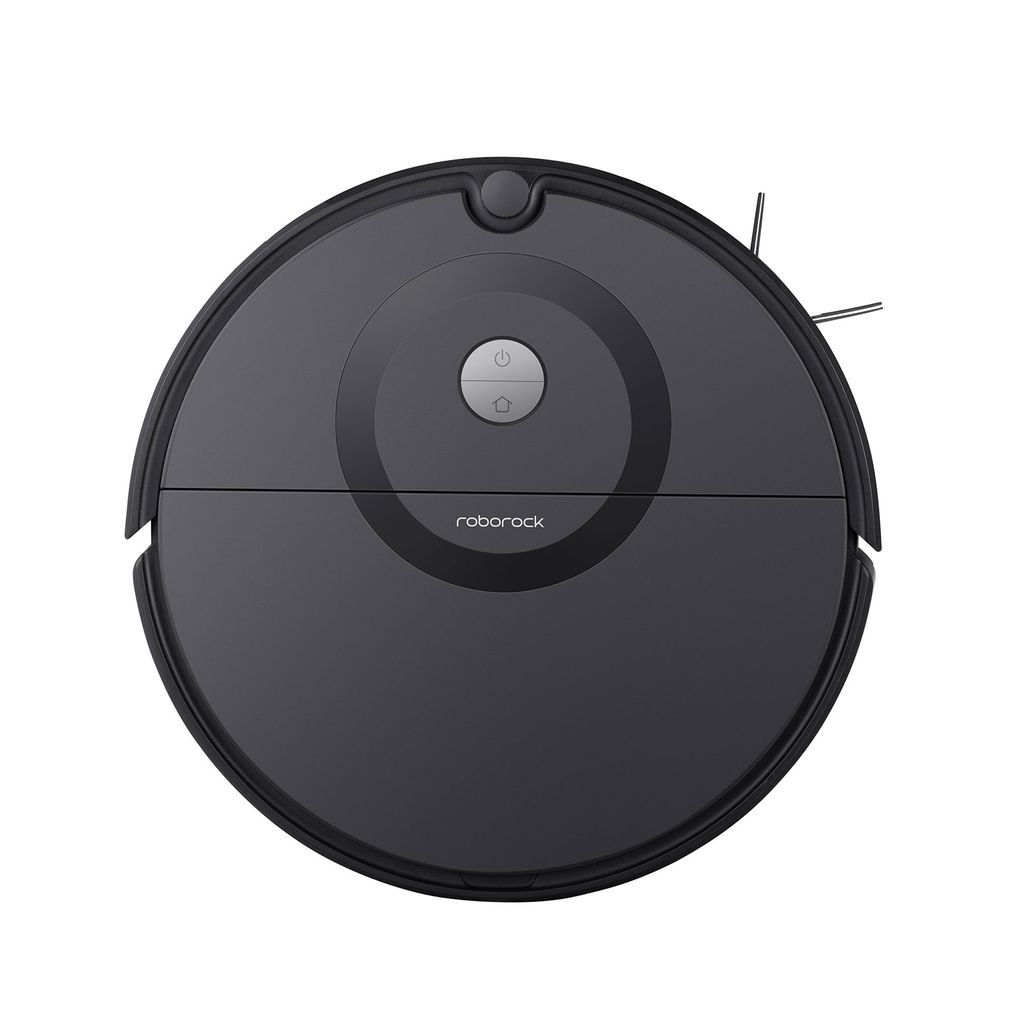 A top-down view of a black robotic vacuum cleaner.