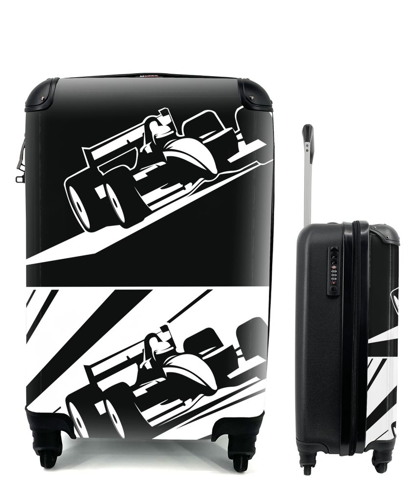 MuchoWow Koffer Handgepäck Trolley Rollkoffer Kleine Reisekoffer mit 4 Rollen - Eine Illustration von zwei schwarz-weißen Autos aus der Formel ...
