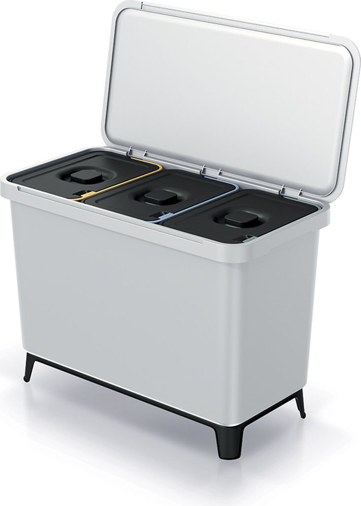 A three-compartment trash bin with its lid open, shown from a slightly elevated front-left angle.