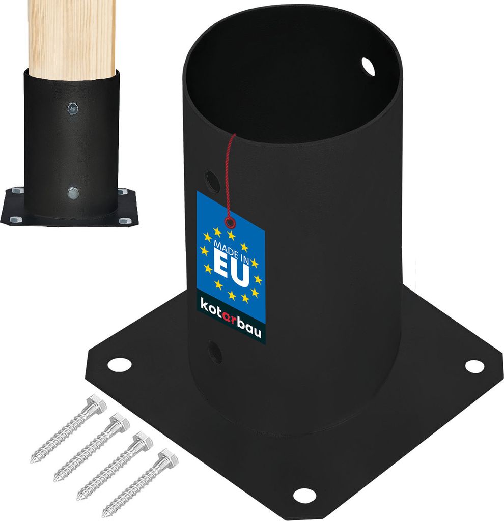 A black metal post anchor with a wooden post inserted into it, shown with screws.