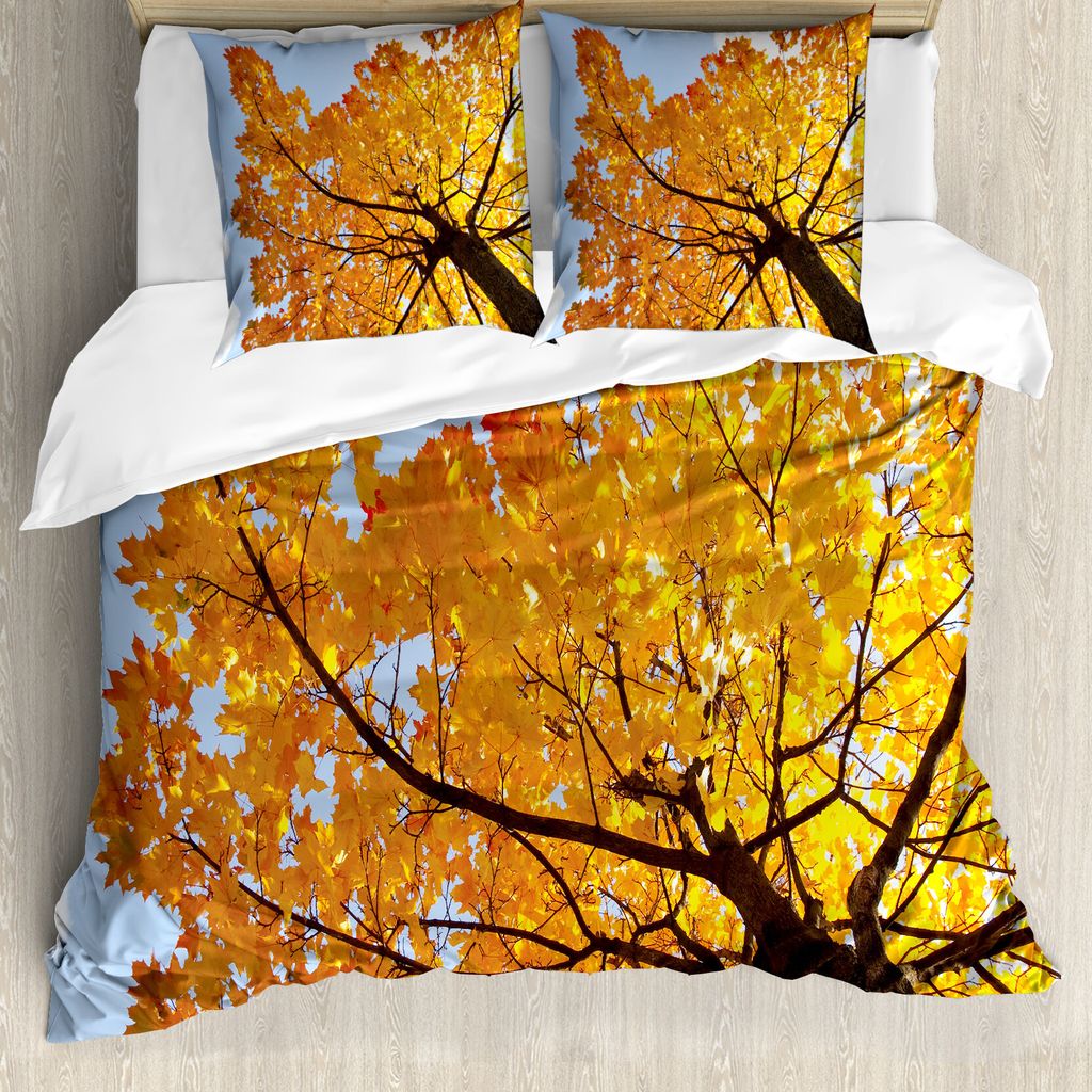 ABAKUHAUS Blätter Bettbezug, Ahorn-Blätter-Fall-Herbst, Milbensicher Allergiker geeignet mit Kissenbezügen, 155 cm x 220 cm - 80 x 80 cm, Orange...
