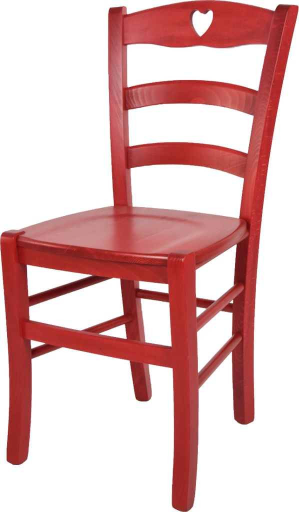 A red wooden chair with a heart-shaped cutout on the backrest, set against a white background.