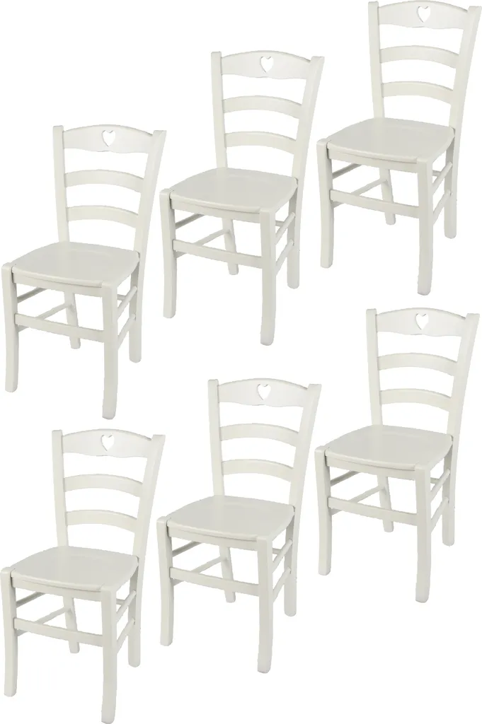 Chaises Cuore en hêtre laqué blanc glacé, lot de 6 avec assise en bois