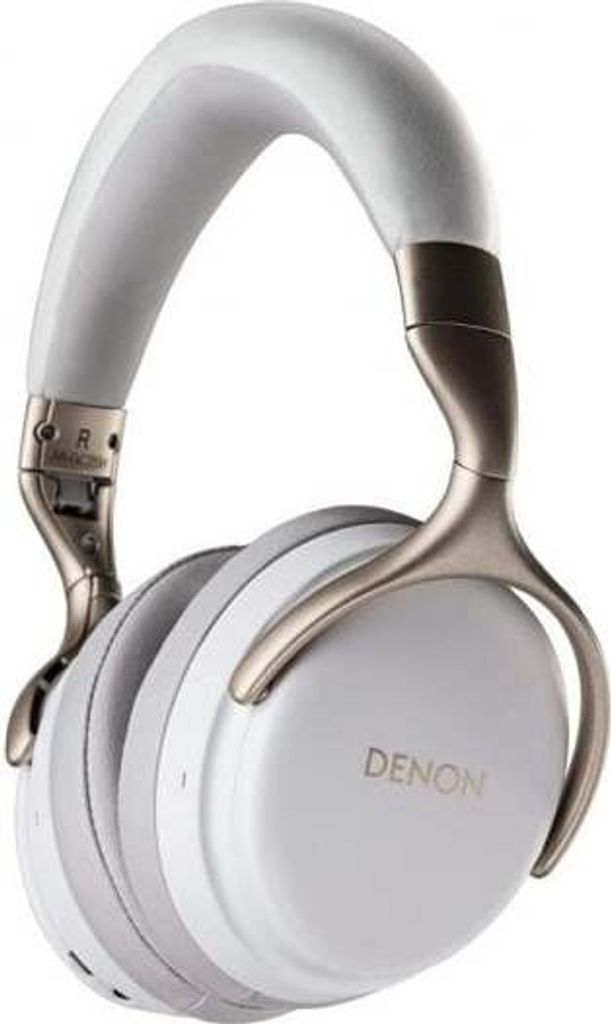 A studio shot of white Denon headphones against a white background.