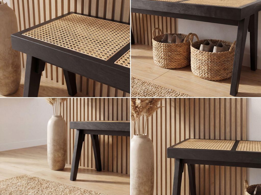 FineBuy Sitzbank Rattan Akazie Massivholz 120cm Schwarz