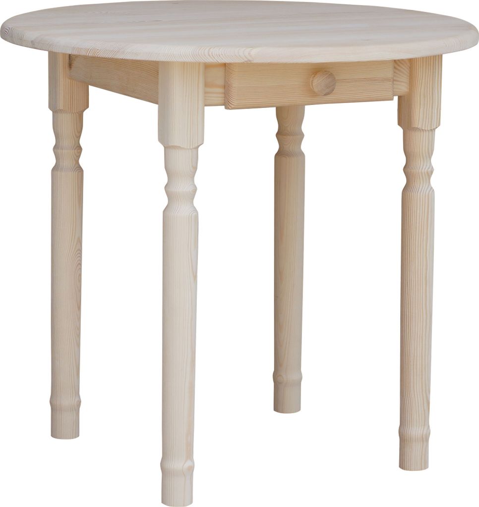 A light wood round dining table with four legs, shown from a front-facing angle against a white background.