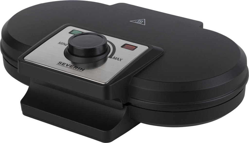 A black Severin waffle maker is shown from a diagonal angle against a white background.