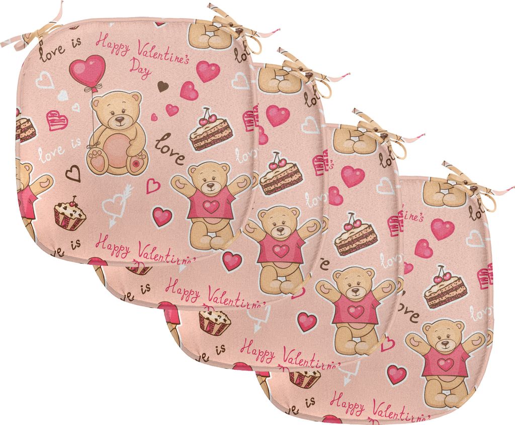 ABAKUHAUS Valentines Polster für Esszimmerstühle, Bär Kuchen Ballon, Dekoratives wasserfestes Kissen mit Riemen für Küchensitze, 40 cm x 40 cm...