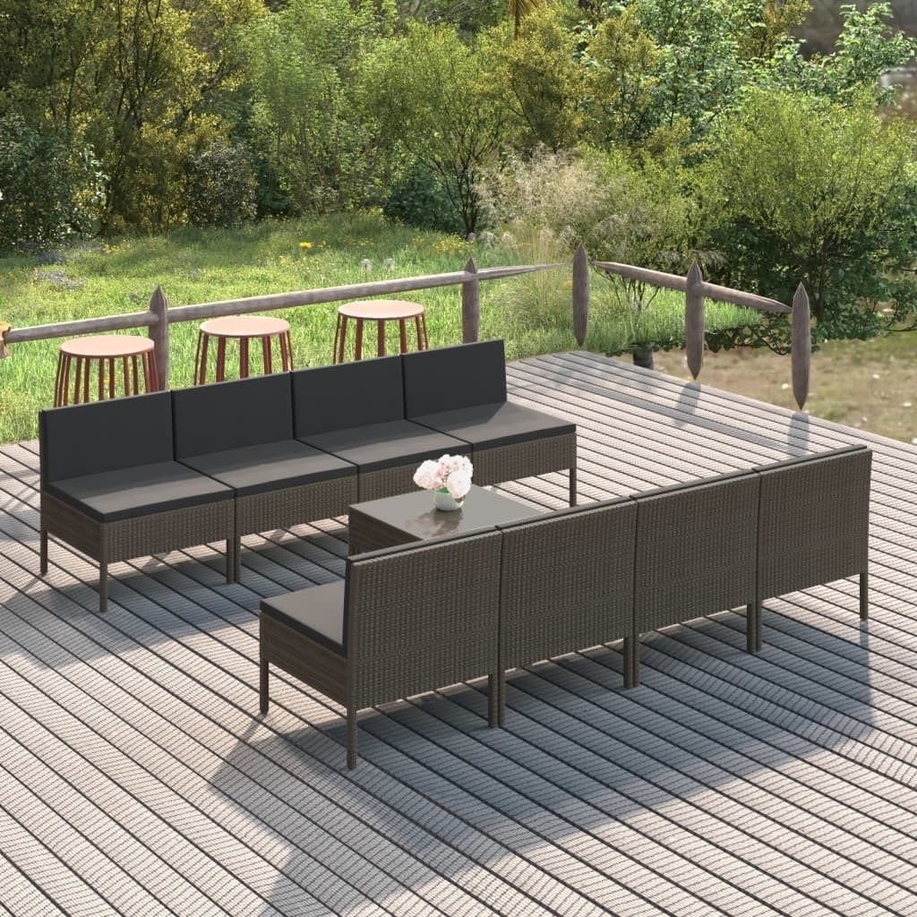 The Living Store 9-tlg. Garten-Lounge-Set mit Auflagen Poly Rattan Grau