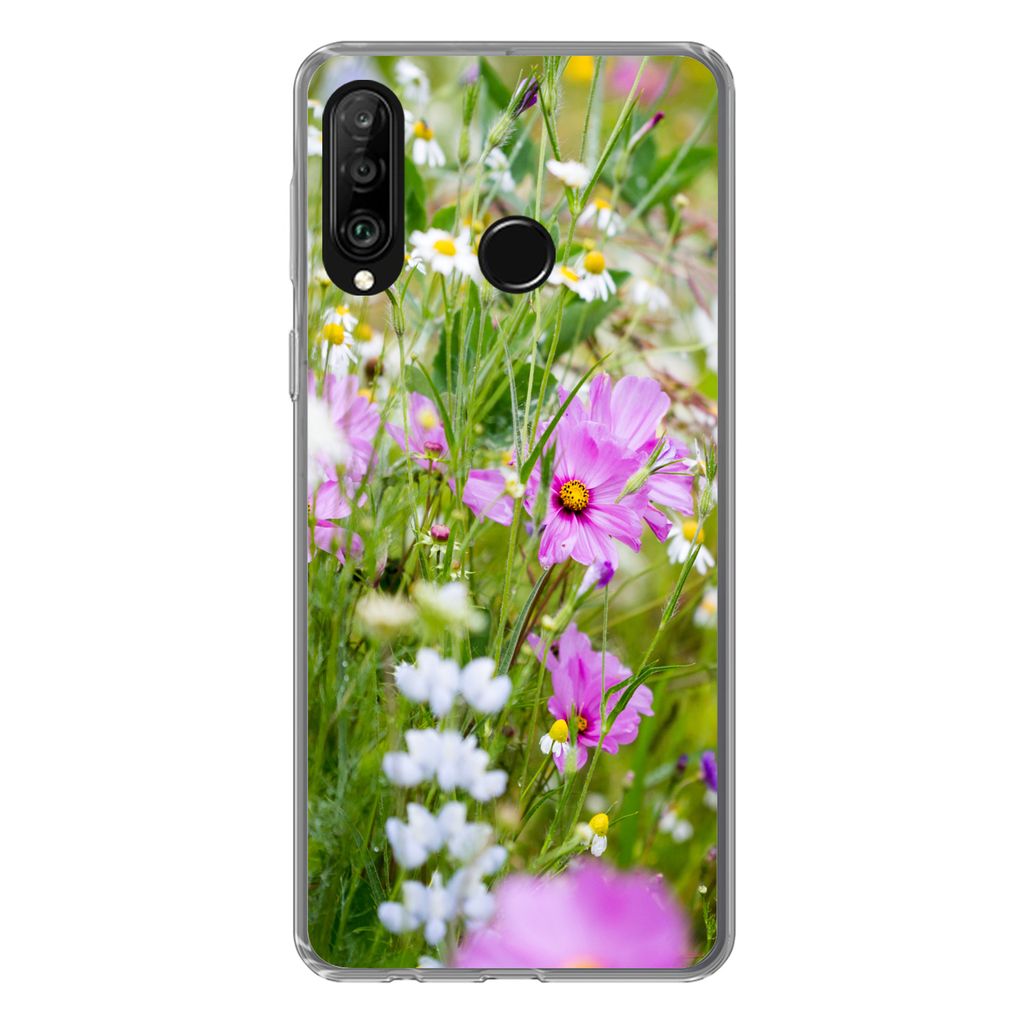 MuchoWow Handyhülle Schutzhülle Hülle für Huawei P30 Lite Blumen - Natur - Grün - Gras - Lila - Weiß Silikon Softcase Handy Hülle - Handyh...
