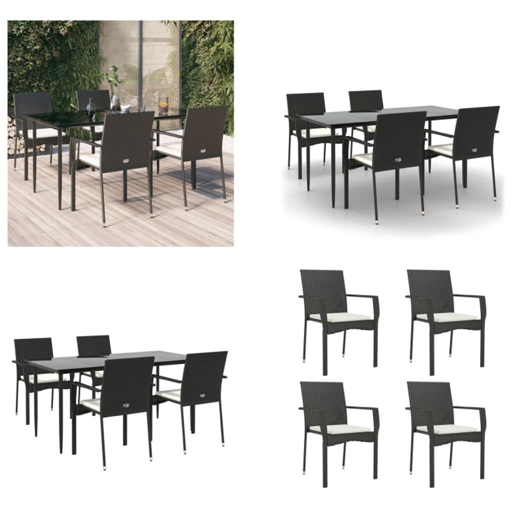 vidaXL 5 tlg. Garten Essgruppe mit Kissen Schwarz Poly Rattan - Garten Essgruppe - Garten Essgruppen - Essgruppe - Essgruppe Terrasse