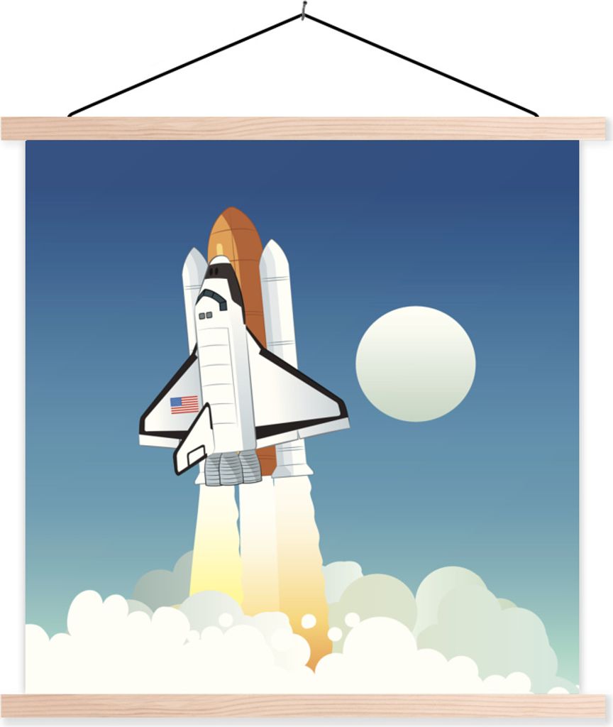 MuchoWow Textilposter Eine Illustration des Starts einer Raumfähre in den frühen Morgenstunden 60x60 cm mit holzfarbenen Rahmen - Wanddekoration
