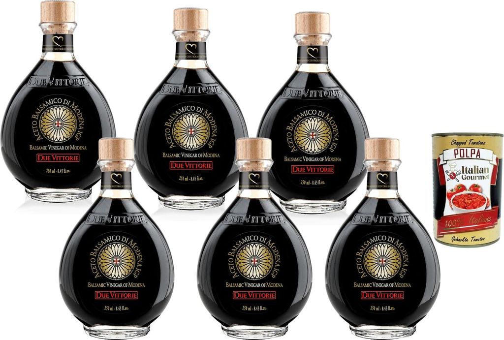 Due Vittorie Aceto Balsamico di Modena IGP 6 x 250 ml – traditionell gereift, intensiv aromatisch, ideal für Salate, Käse & Fleisch + Italian G...