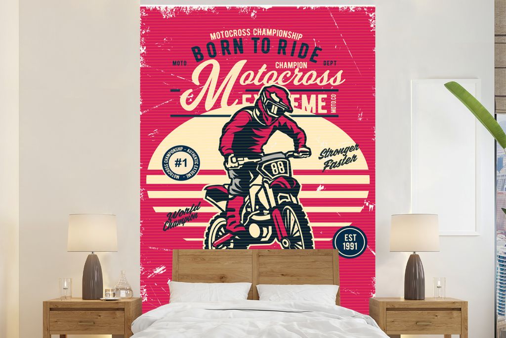 MuchoWow Fototapete für Wohnzimmer oder Schlafzimmer Wandtapete Vinyl Motivtapete Motocross - Vintage - Angebot - 145x220 cm - Wanddekoration