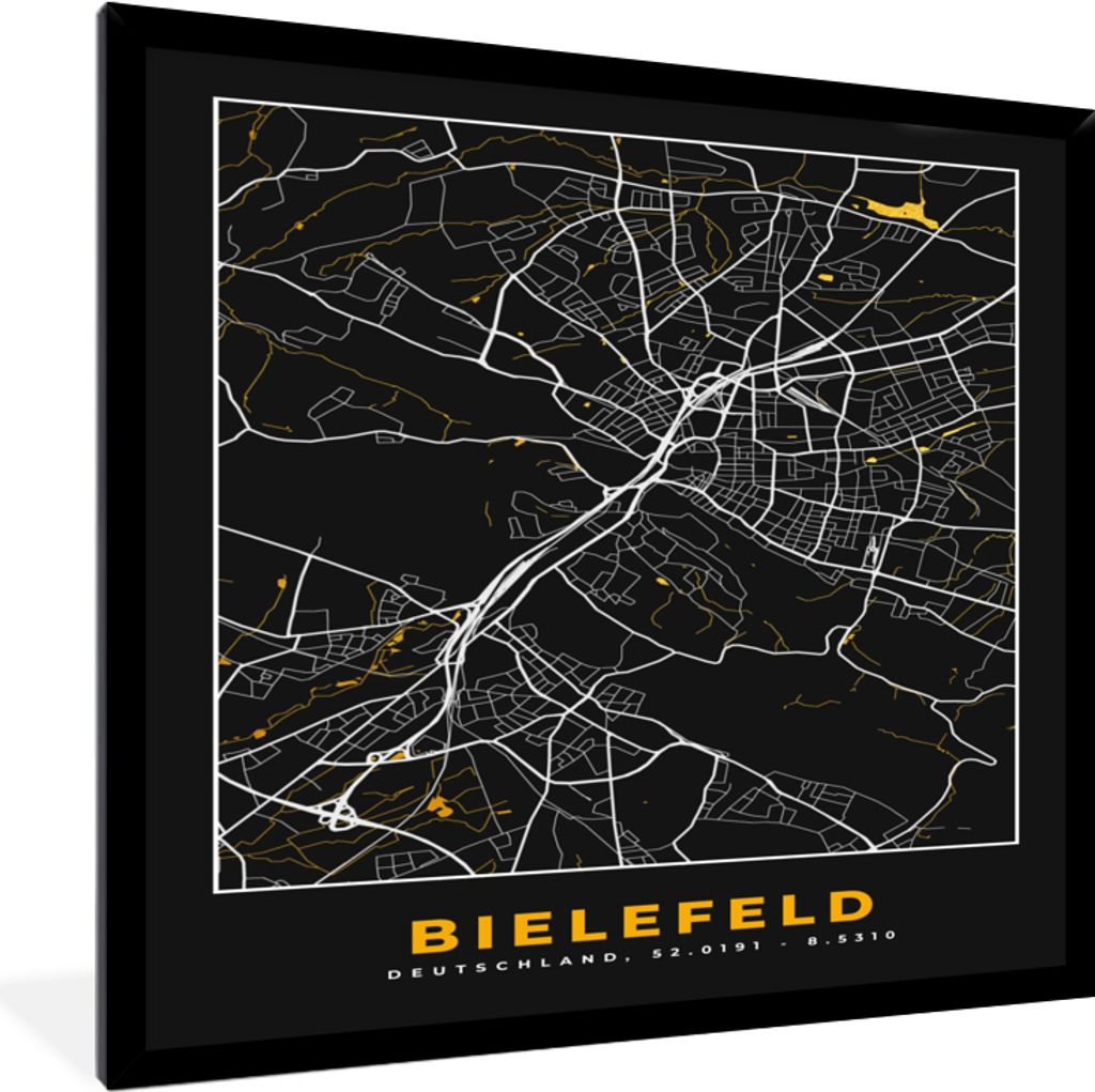 MuchoWow Gerahmtes Poster Bielefeld - Karte - Stadtplan - Gold - Deutschland 40x40 cm - Poster mit Schwarzem Bilderrahmen Wandposter Rahmen Foto ...