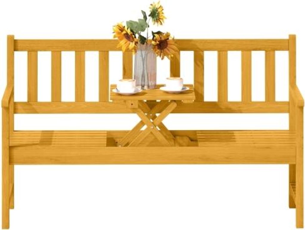 Gartenbank 149x56,5x89 cm 2-Sitzer Teakholz Wetterfest Mit Ruecken- Und Armlehnen Klappbarer Tisch 320 kg Belastbar Balkonbank Sitzbank Gartenmoebel