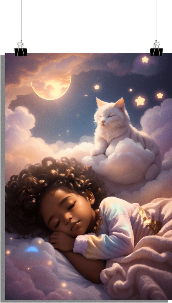Sweet Dreams Poster - Mädchen Poster - Katzen Poster - Schlaf Poster - Himmels Poster - Kinderzimmer Poster - 51x71cm - Perfekt zum Einrahmen