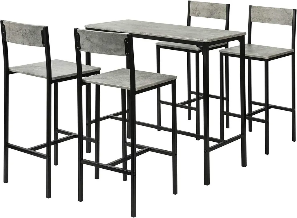 Table de bar 5 pièces plateau gris effet ciment et pieds en métal noir