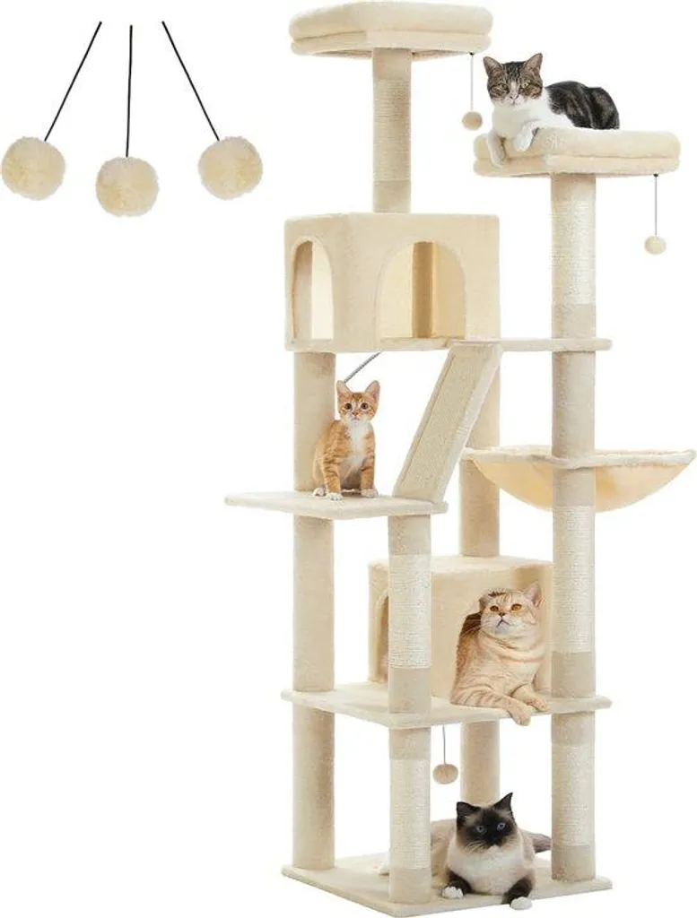 Arbre à chat lavable 180 cm - Poteaux à griffer et jouets suspendus