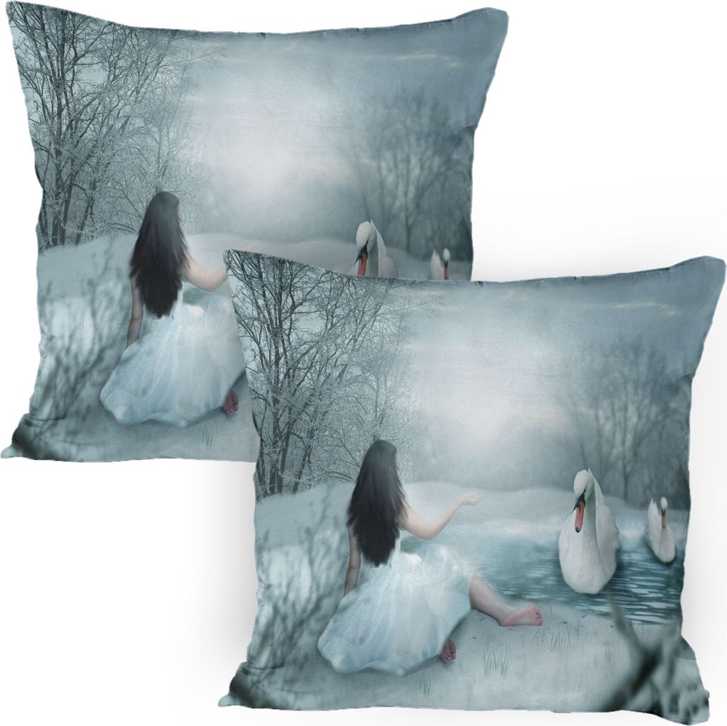 ABAKUHAUS Schwan Kissenbezug Packung mit 2, Junge Frau durch See mit Wasservögeln in einem Winter-Wald Illustration, Dekorativer Gedruckter Kissen...